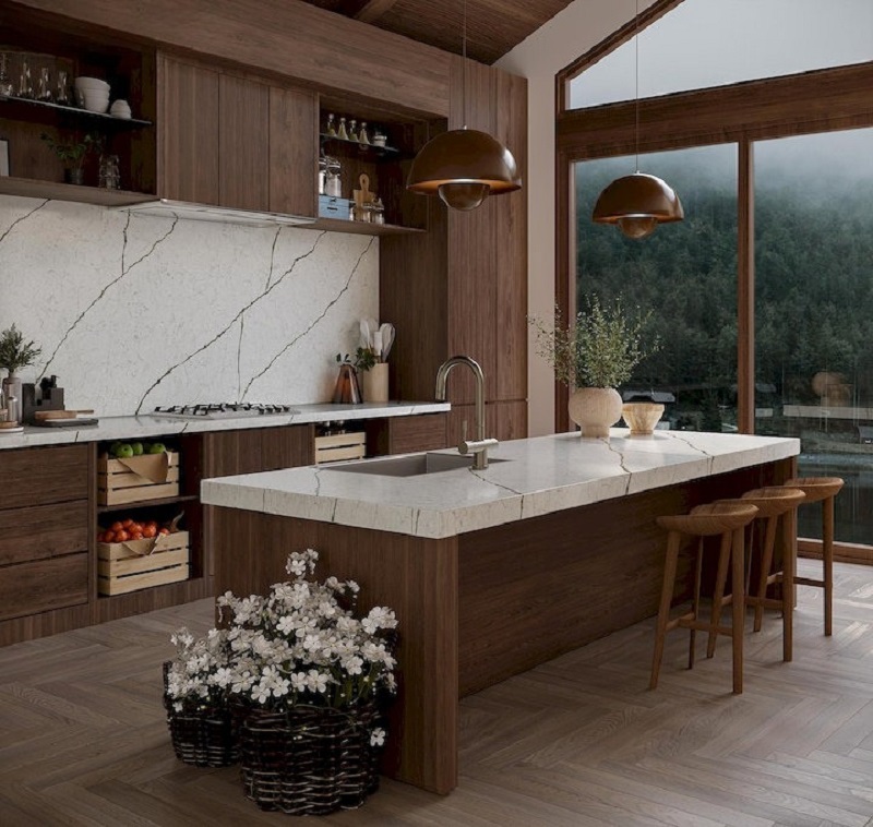 Sử dụng quầy bar mini để ngăn cách bếp và phòng khách tinh tế