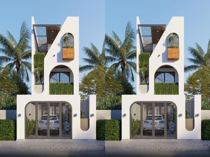 Mẫu nhà ống 3 tầng lệch đẹp sáng tạo với đường cong mặt tiền, mang cảm g...jpg