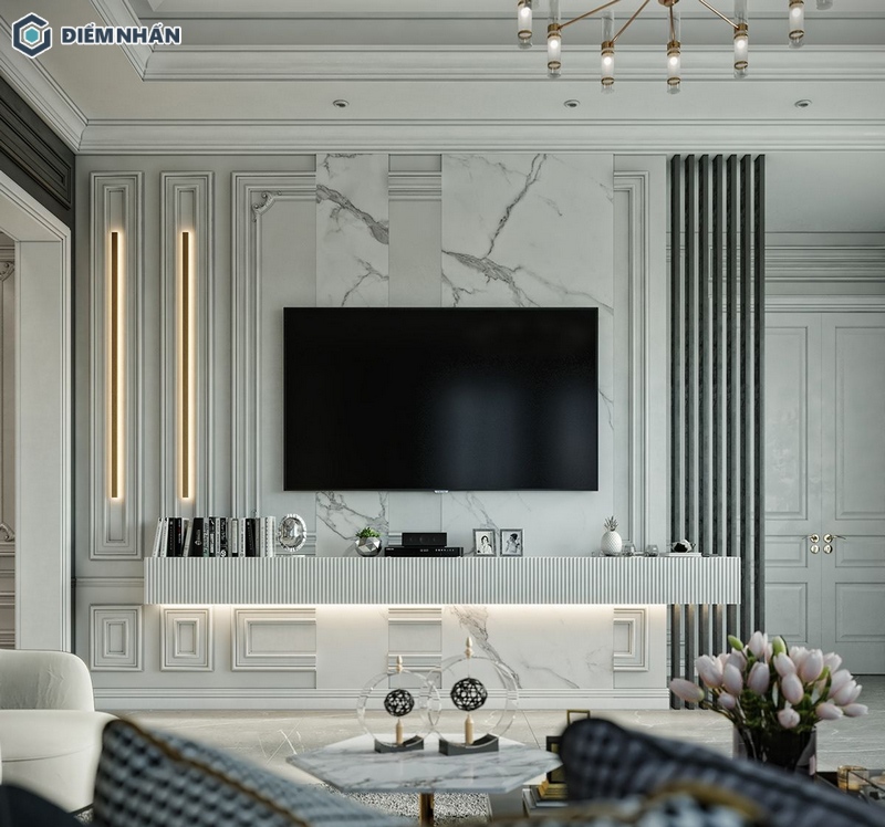 Phòng khách chung cư hiện đại với vách tivi ốp đá tạo điểm nhấn