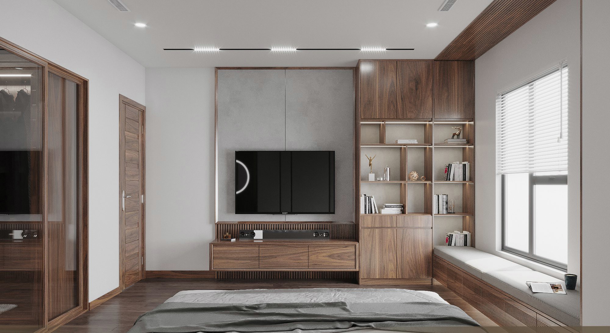 Bố trí sofa chữ I và kệ tivi treo tường cho phòng khách chung cư nhỏ