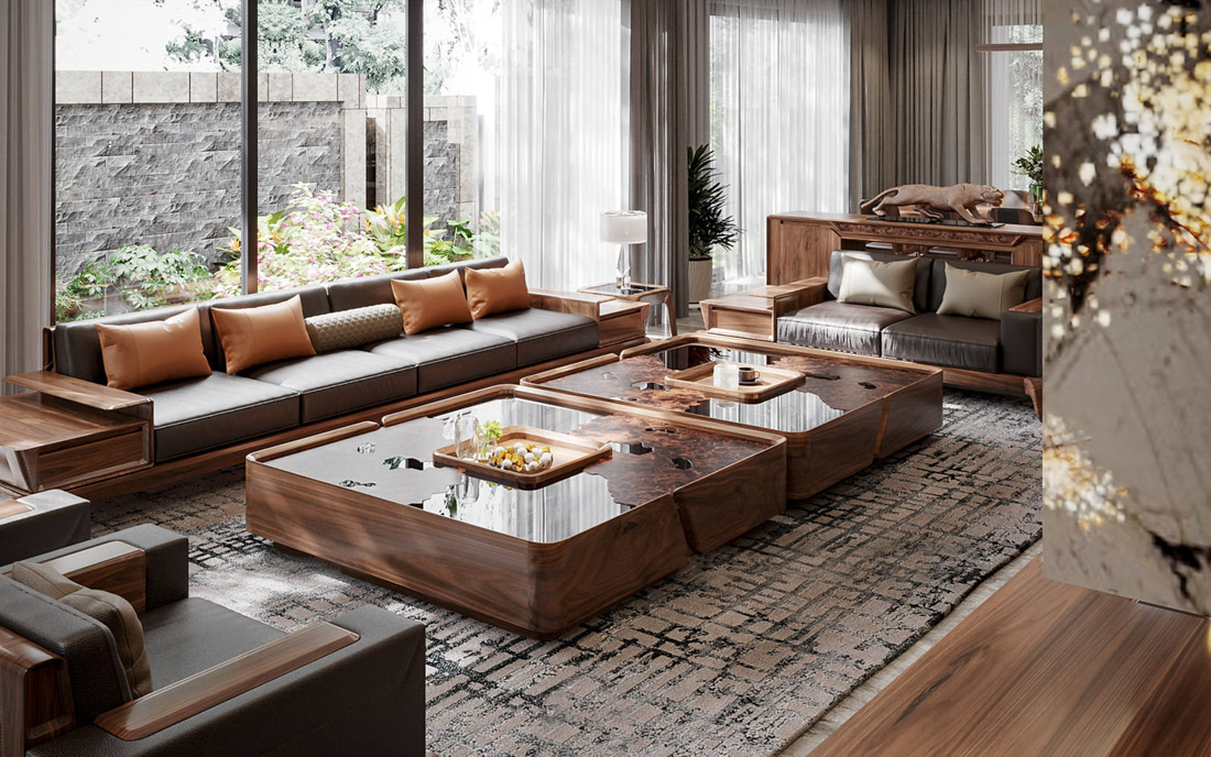Phòng khách Duplex phong cách Modern Luxury với nội thất gỗ óc chó và đá tự nhiên