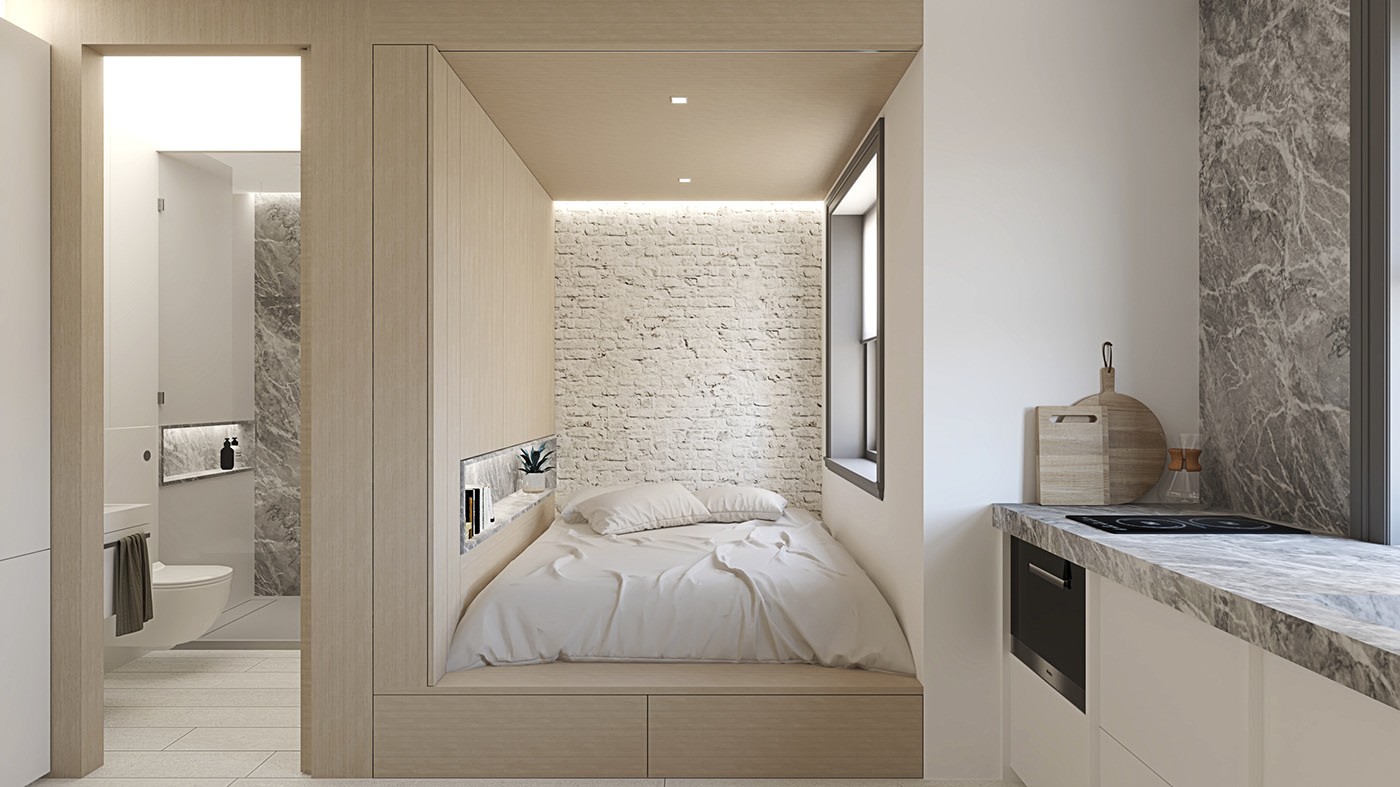 Tổng quan mẫu thiết kế căn hộ mini 20m2 với gam màu sáng thoáng đãng