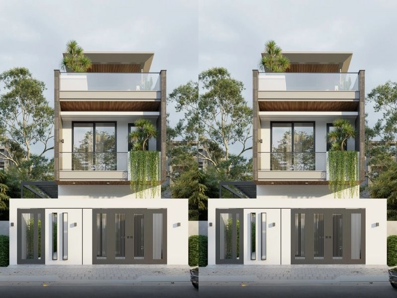 Thiết kế nhà ống 2 tầng lệch đẹp ban công kính giúp không gian thêm thoáng s...jpg