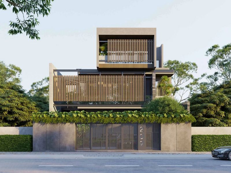 Thiết kế nhà phố 200m2 3 tầng (10x20m) với khuôn viên xanh mát bao phủ khắp m...jpg