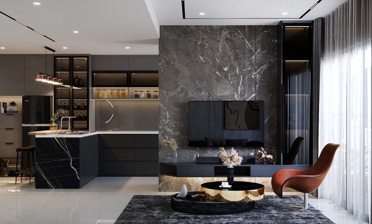 Phòng khách phong cách hiện đại với bộ sofa da màu ghi và vách ốp đá sau tivi