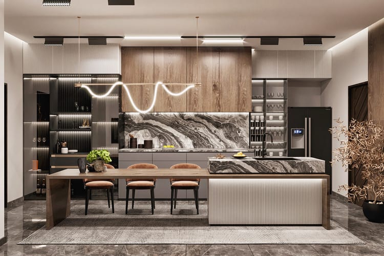 Không gian bếp và bàn ăn phong cách tối giản, sử dụng gỗ màu sáng