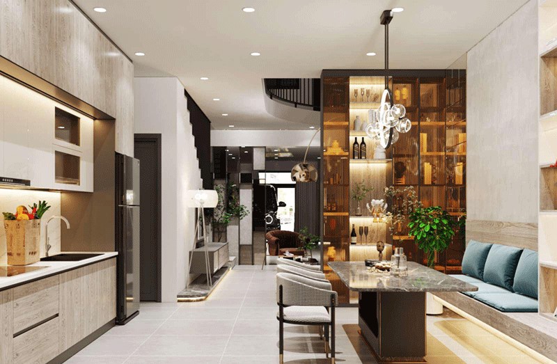 Góc nhìn tổng quát từ phòng khách sang phòng bếp liên thông