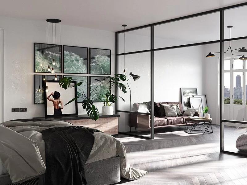 Thiết kế nội thất chung cư 1 phòng ngủ không gian mở với vách kính ngăn phòng