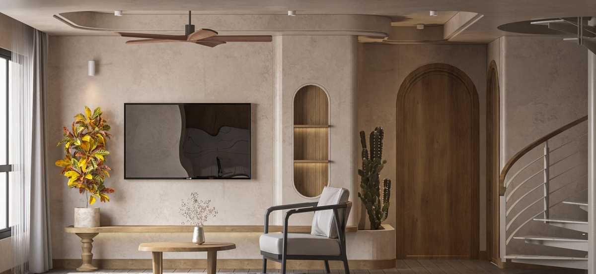 Phòng khách căn hộ 105m2 rộng lớn, có ban công thoáng, nội thất bố trí cân đối.