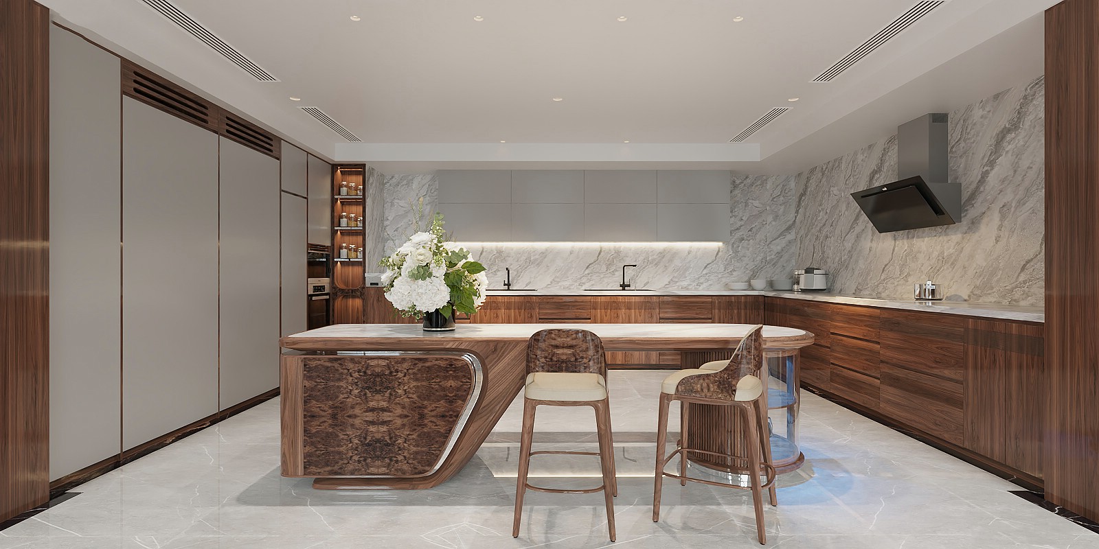 Khu bếp rộng rãi có bàn đảo đá marble, tủ bếp thiết kế kịch trần.