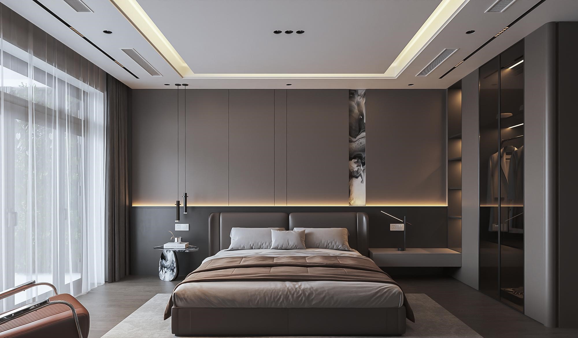 Phòng ngủ Master sang trọng với vách đầu giường bọc nỉ và hệ tủ áo lớn.