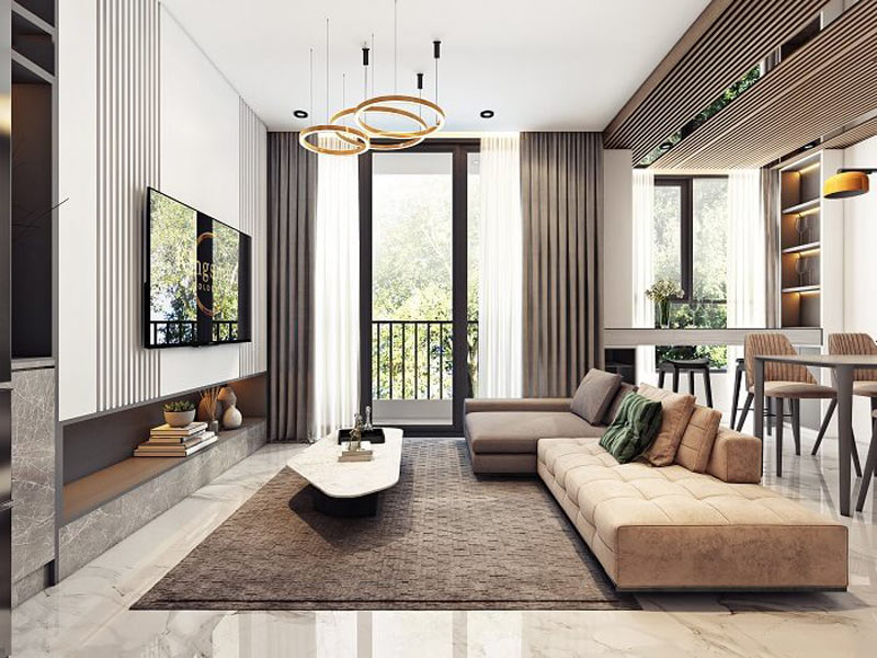 Thiết kế nội thất chung cư 3 phòng ngủ phòng khách liên thông bếp