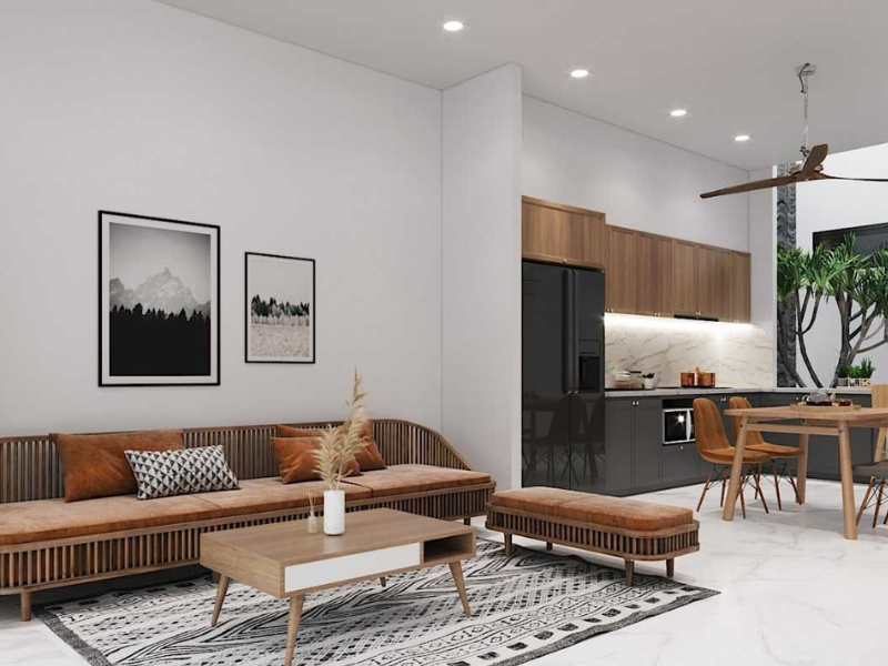 Phòng khách liền bếp - Giải pháp nới rộng không gian hoàn hảo cho căn hộ 50m2.