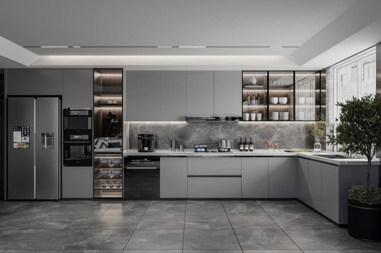 Hệ tủ bếp kịch trần giúp tăng gấp đôi diện tích để đồ cho bà nội trợ.