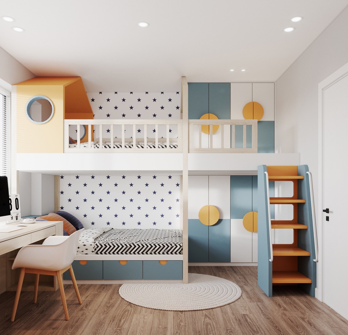 Phòng ngủ trẻ em trong căn hộ 60m² sử dụng giường tầng tích hợp bàn học và tủ quần áo