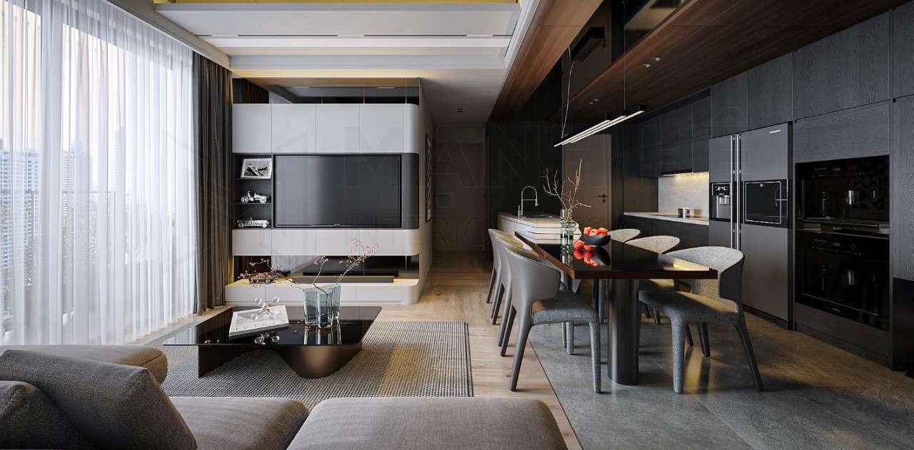 Không gian phòng khách căn hộ 90m2 rộng rãi với thiết kế mở liên thông bếp